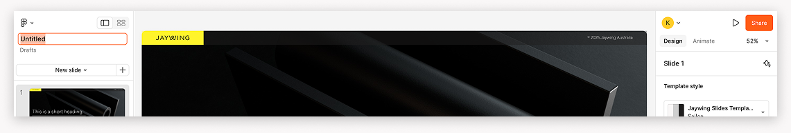 Jaywing Slides template selected in editor